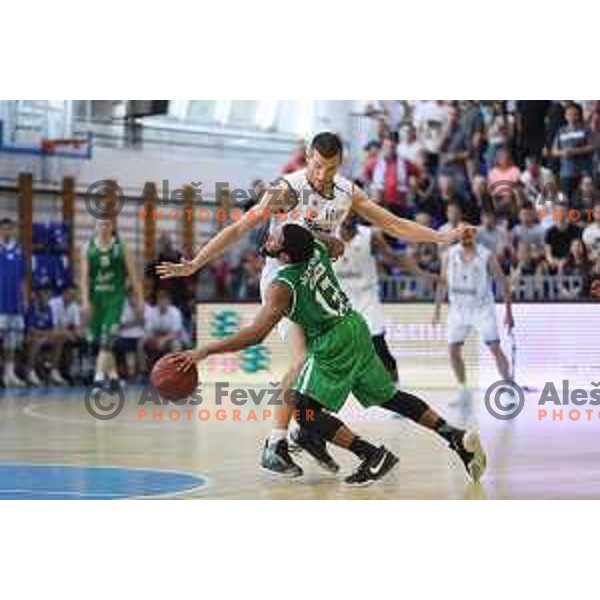 Brandon Jefferson and Dragisa Drobnjak in action during third game in the Final of Nova KBM league 2016-2017 between KK Rogaska and Union Olimpija in Rogaska Slatina, Slovenia on May 21, 2017