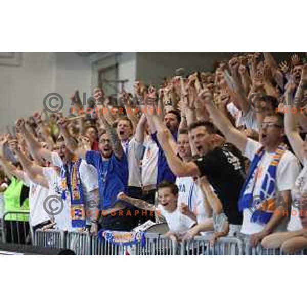 Fans of rogaska in action during third game in the Final of Nova KBM league 2016-2017 between KK Rogaska and Union Olimpija in Rogaska Slatina, Slovenia on May 21, 2017