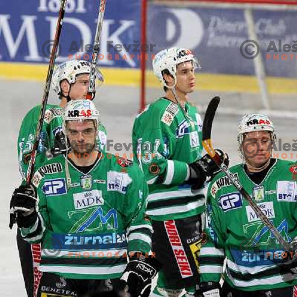 Cvetek, Pavlin, Hocevar at ice-hockey match ZM Olimpija- Alba Volan in EBEL league , played in Ljubljana (Slovenia) 31.11.2007