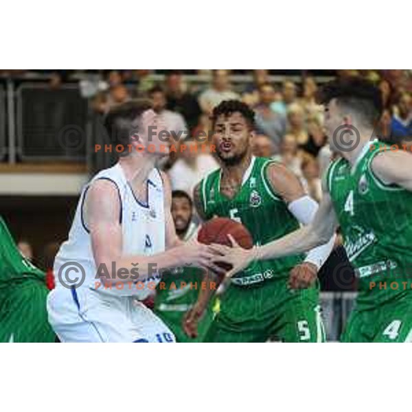 Leon Santelj and Devin Oliver in action during third game in the Final of Nova KBM league 2016-2017 between KK Rogaska and Union Olimpija in Rogaska Slatina, Slovenia on May 21, 2017