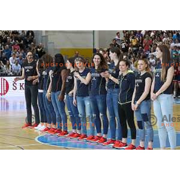 Members of Slovenia women\'s team for Eurobasket 2017 during third game in the Final of Nova KBM league 2016-2017 between KK Rogaska and Union Olimpija in Rogaska Slatina, Slovenia on May 21, 2017