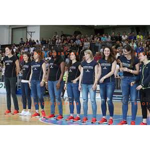 Members of Slovenia women\'s team for Eurobasket 2017 during third game in the Final of Nova KBM league 2016-2017 between KK Rogaska and Union Olimpija in Rogaska Slatina, Slovenia on May 21, 2017