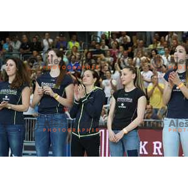 Members of Slovenia women\'s team for Eurobasket 2017 during third game in the Final of Nova KBM league 2016-2017 between KK Rogaska and Union Olimpija in Rogaska Slatina, Slovenia on May 21, 2017