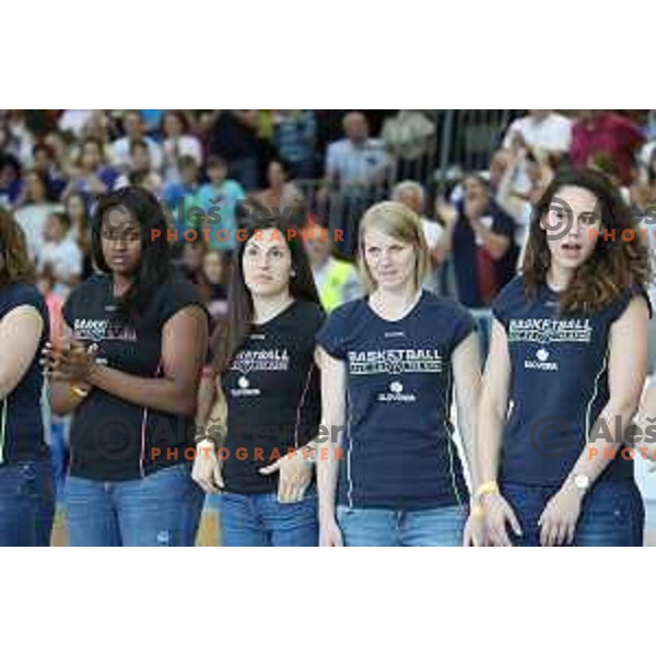 Members of Slovenia women\'s team for Eurobasket 2017 during third game in the Final of Nova KBM league 2016-2017 between KK Rogaska and Union Olimpija in Rogaska Slatina, Slovenia on May 21, 2017