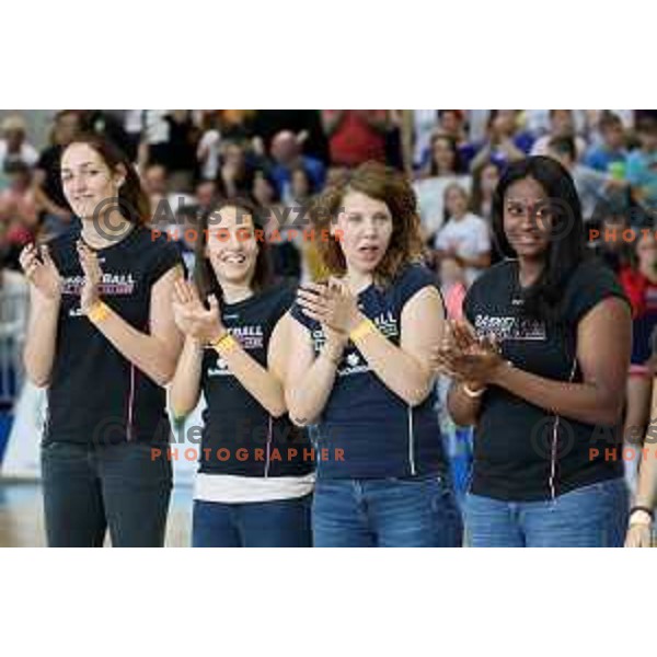 Members of Slovenia women\'s team for Eurobasket 2017 during third game in the Final of Nova KBM league 2016-2017 between KK Rogaska and Union Olimpija in Rogaska Slatina, Slovenia on May 21, 2017