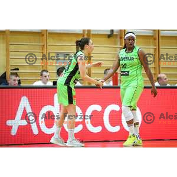 Tina Jakovina and Marie Shante Evans of team Slovenia in action during friendly basketball match between Slovenia - Croatia, played in Celje, Slovenia on June 1st, 2017