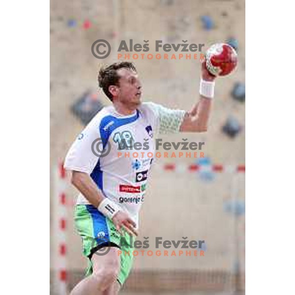 David Miklavcic in action during friendly handball match between Slovenia and Montenegro in Skofja Loka, Slovenia on June 8, 2017