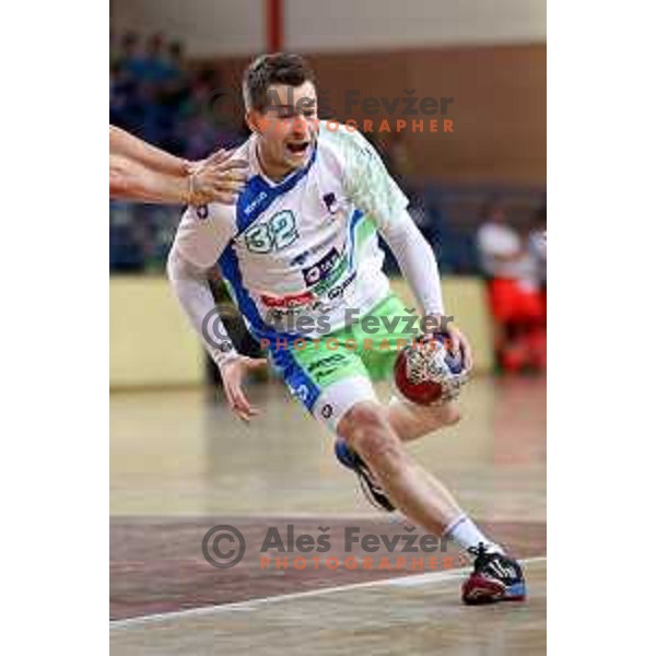 Miha Zarabec in action during friendly handball match between Slovenia and Montenegro in Skofja Loka, Slovenia on June 8, 2017