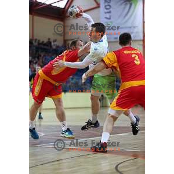 Miha Zarabec in action during friendly handball match between Slovenia and Montenegro in Skofja Loka, Slovenia on June 8, 2017