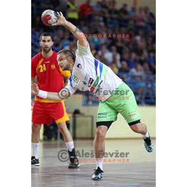 Gasper Marguc in action during friendly handball match between Slovenia and Montenegro in Skofja Loka, Slovenia on June 8, 2017