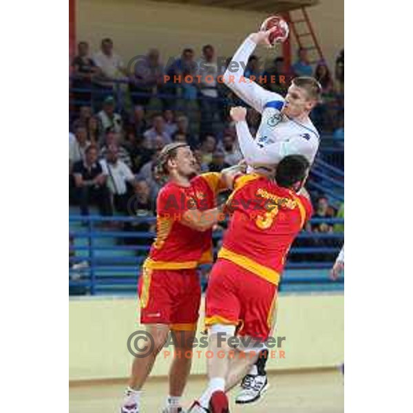 Blaz Blagotinsek in action during friendly handball match between Slovenia and Montenegro in Skofja Loka, Slovenia on June 8, 2017