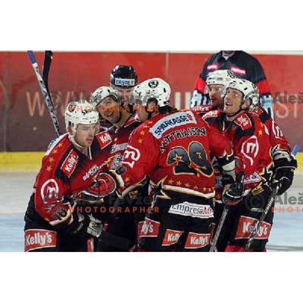 Jesenice players celebrate first goal at ice-hoceky match ZM Olimpija-Acroni Jesenice in 22nd round of Ebel league,played in LJUBLJANA (Slovenia) 18.11.2007. Photo by Ales Fevzer 