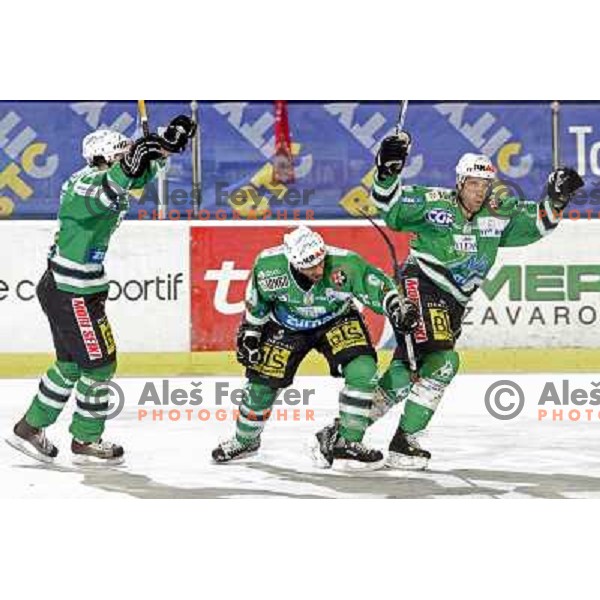 Intranuovo (9) celebrate his thrid goal at ice-hockey match ZM Olimpija-Acroni Jesenice in 22nd round of Ebel league,played in LJUBLJANA (Slovenia) 18.11.2007. ZM Olimpija won 5:4 after shot-out. Photo by Ales Fevzer 