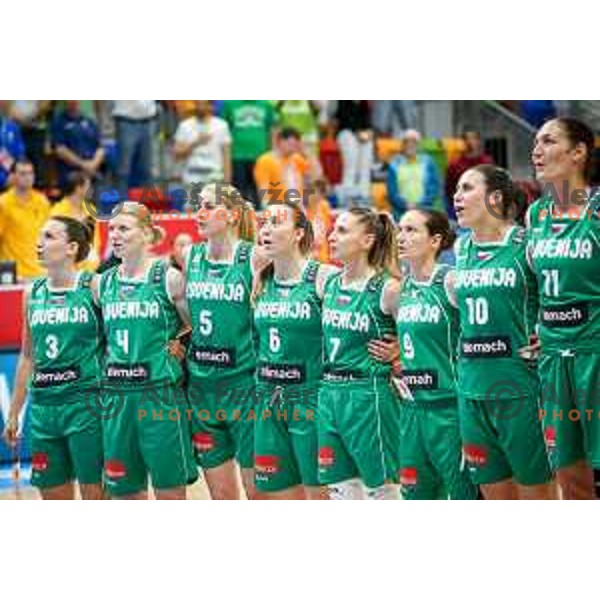 Teja Oblak, Ziva Zdolsek, Maja Erkic, Annamaria Prezelj, Rebeka Abramovic, Nika Baric and Tina Jakovina of Slovenia prior to basketball match between Slovenia and Greece at European Women Basketball Championship 2017, played in Arena Kralovka, Prague, Czech Republic on June 17, 2017