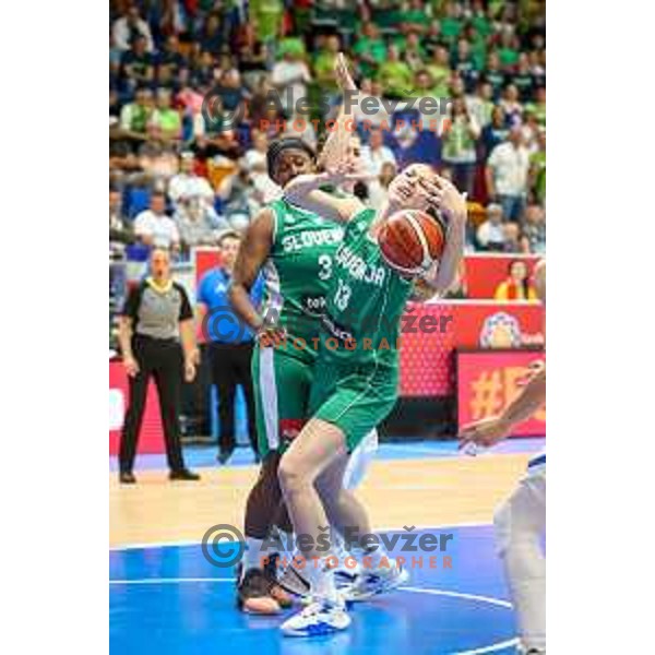 Marie Shante Evans and Tina Trebec of Slovenia in action during basketball match between Slovenia and Greece at European Women Basketball Championship 2017, played in Arena Kralovka, Prague, Czech Republic on June 17, 2017