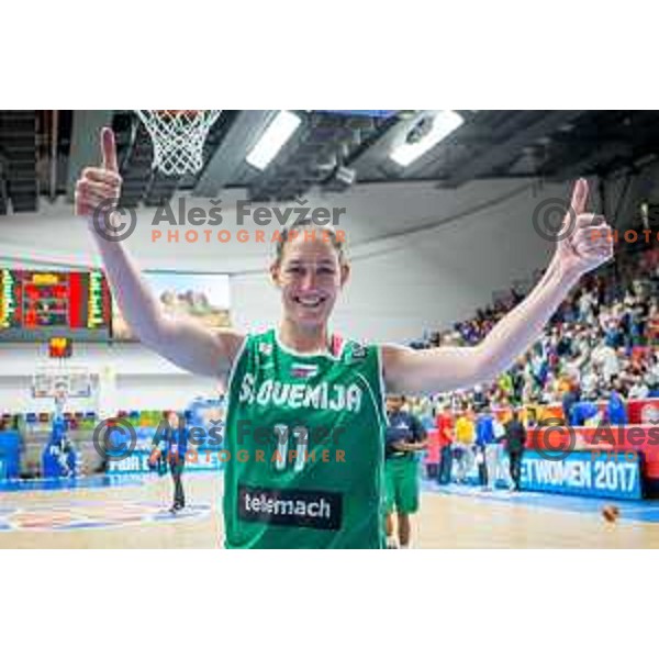 Sandra Pirsic of Slovenia celebrating after basketball match between Slovenia and Greece at European Women Basketball Championship 2017, played in Arena Kralovka, Prague, Czech Republic on June 17, 2017