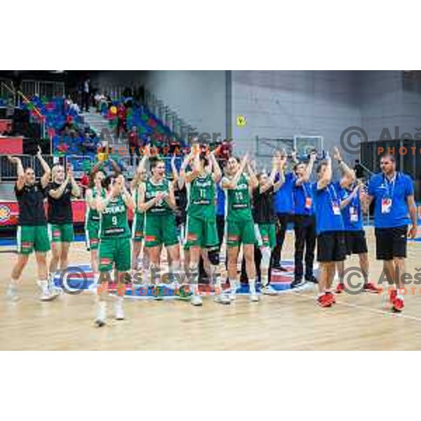 Nika Baric, Eva Lisec, Sandra Pirsic, Tina Trebec and other players of Slovenia celebrating after basketball match between Slovenia and Greece at European Women Basketball Championship 2017, played in Arena Kralovka, Prague, Czech Republic on June 17, 2017