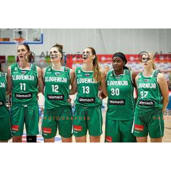 Sandra Pirsic, Eva Lisec, Tina Trebec, Marie Shante Evans and Larisa Ocvirk of Slovenia prior to basketball match between Slovenia and Greece at European Women Basketball Championship 2017, played in Arena Kralovka, Prague, Czech Republic on June 17, 2017