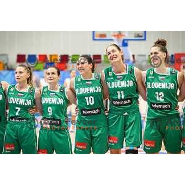 Rebeka Abramovic, Nika Baric, Tina Jakovina, Sandra Pirsic and Eva Lisec of Slovenia prior to basketball match between Slovenia and Greece at European Women Basketball Championship 2017, played in Arena Kralovka, Prague, Czech Republic on June 17, 2017