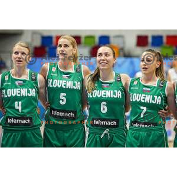 Ziva Zdolsek, Maja Erkic, Annamaria Prezelj and Rebeka Abramovic of Slovenia prior to basketball match between Slovenia and Greece at European Women Basketball Championship 2017, played in Arena Kralovka, Prague, Czech Republic on June 17, 2017