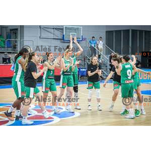 Teja Oblak, Maja Erkic, Rebeka Abramovi and other players of Slovenia celebrating after basketball match between Slovenia and Greece at European Women Basketball Championship 2017, played in Arena Kralovka, Prague, Czech Republic on June 17, 2017