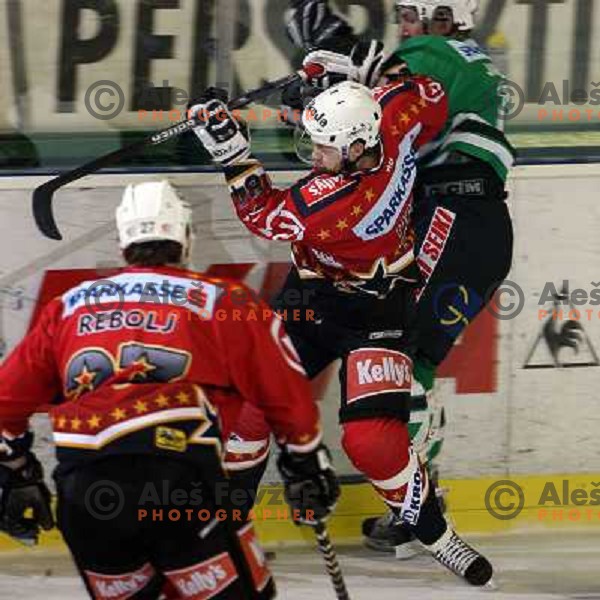 Hebar (84) and Vnuk at ice-hockey match ZM Olimpija-Acroni Jesenice in 22nd round of Ebel league,played in LJUBLJANA (Slovenia) 18.11.2007. Photo by Ales Fevzer 