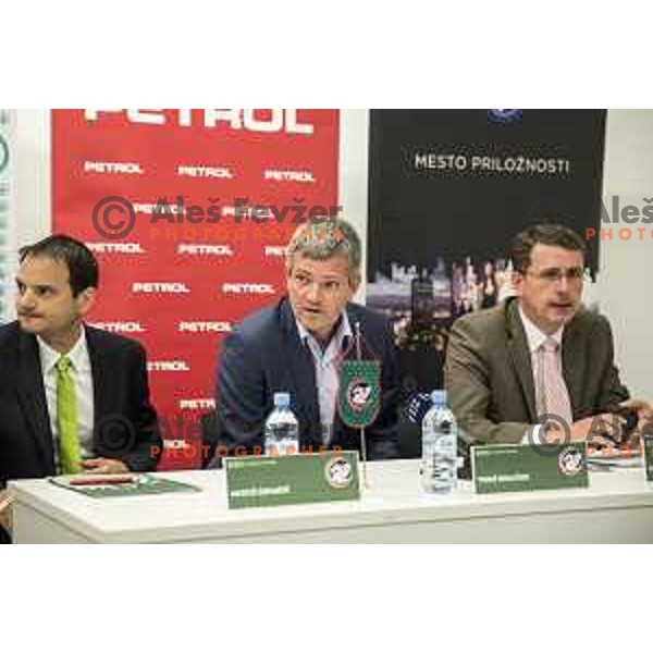 Matevz Zupancic, Tomaz Berlocnik and Jani Moderndorfer during the Union Olimpija press conference in held in Arena Stozice, Ljubljana, on July 4th, 2017