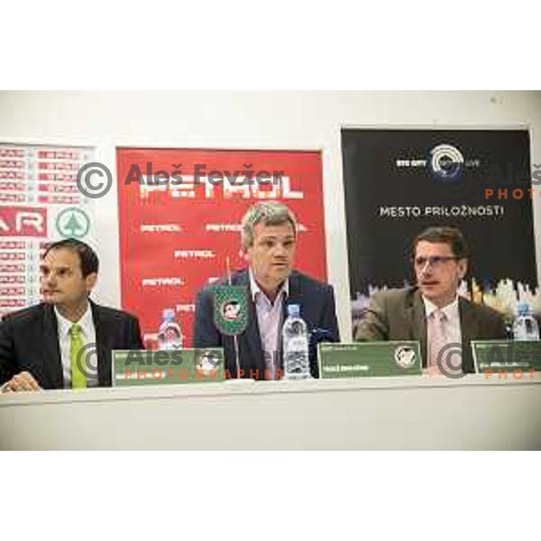 Matevz Zupancic, Tomaz Berlocnik and Jani Moderndorfer during the Union Olimpija press conference in held in Arena Stozice, Ljubljana, on July 4th, 2017
