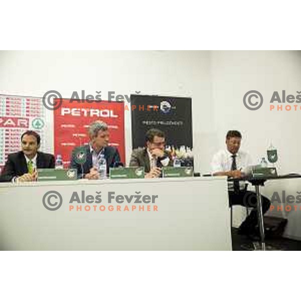 Matevz Zupancic, Tomaz Berlocnik and Jani Moderndorfer during the Union Olimpija press conference in held in Arena Stozice, Ljubljana, on July 4th, 2017