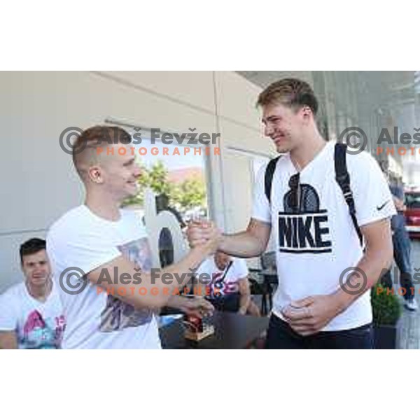Luka Rupnik and Luka Doncic at meeting of Slovenia Basketball team before Eurobasket 2017 in Ljubljana on July 19, 2017