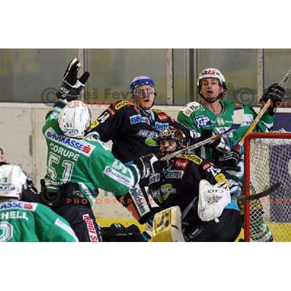 Corupe, Yarema and Penker at match ZM Olimpija- EHC Liwest Linz in Ebel league,played in Ljubljana (Slovenia) 23.11.2007. Linz won the game 4:3. Photo by Ales Fevzer 