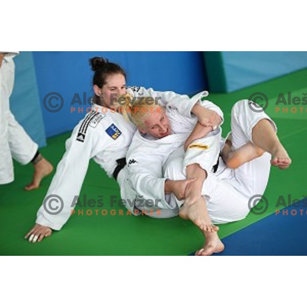 Klara Apotekar and Anamari Velensek (SLO) during practice session at Judo club Z\'dezele Sankaku in Lopata near Celje, Slovenia on July 21, 2017