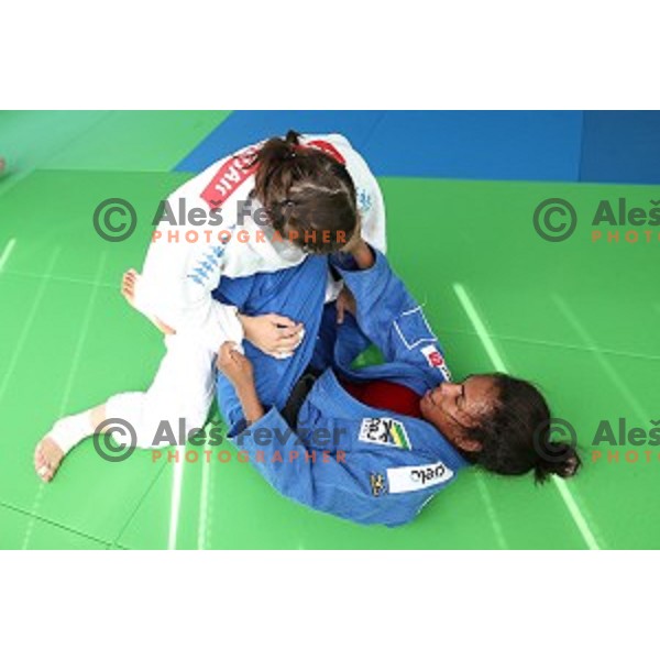 Tina Trstenjak (SLO) and Miranda (BRA) during practice session at Judo club Z\'dezele Sankaku in Lopata near Celje, Slovenia on July 21, 2017