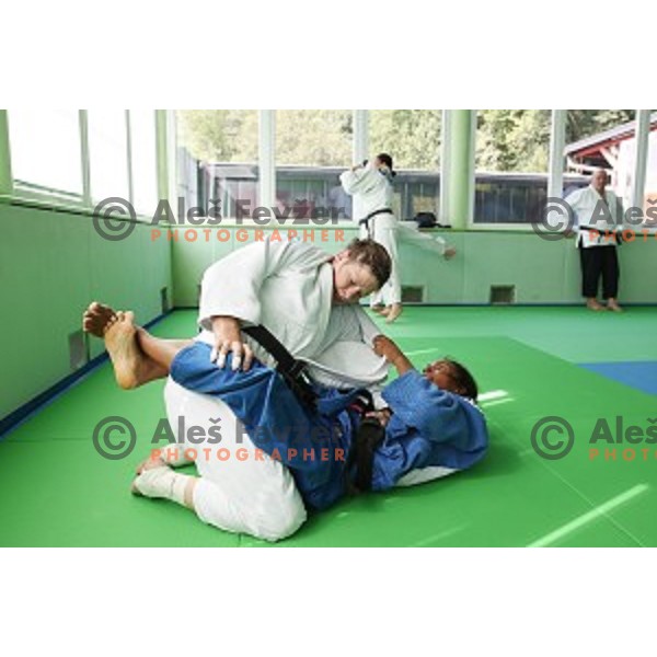 Tina Trstenjak (SLO) and Miranda (BRA) during practice session at Judo club Z\'dezele Sankaku in Lopata near Celje, Slovenia on July 21, 2017