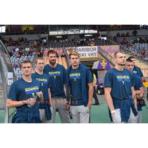 Luka Rupnik, Miha Lapornik, Gasper Vidmar, Luka Doncic and Jaka Blazic of Slovenia basketball team at football match between Maribor and Hafnarfjordur in third round of UEFA Champions League 2017/18 qualifyer in Ljudski vrt, Maribor, Slovenia on July 26, 2017