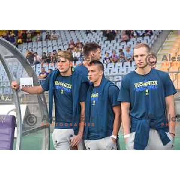 Luka Doncic, Matic Rebec, Jaka Blazic of Slovenia basketball team at football match between Maribor and Hafnarfjordur in third round of UEFA Champions League 2017/18 qualifyer in Ljudski vrt, Maribor, Slovenia on July 26, 2017