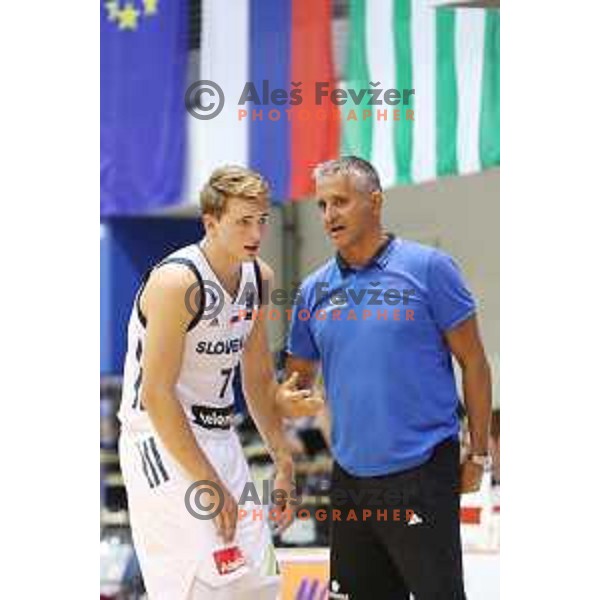 Luka Doncic and Igor kokoskov, head coach of Slovenia in action during friendly basketball match between Slovenia and Russia University team played in Rogaska Slatina, Slovenia on July 30, 2017