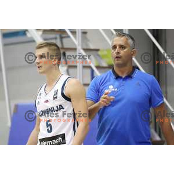Luka Rupnik and Igor Kokoskov, head coach of Slovenia in action during friendly basketball match between Slovenia and Russia University team played in Rogaska Slatina, Slovenia on July 30, 2017