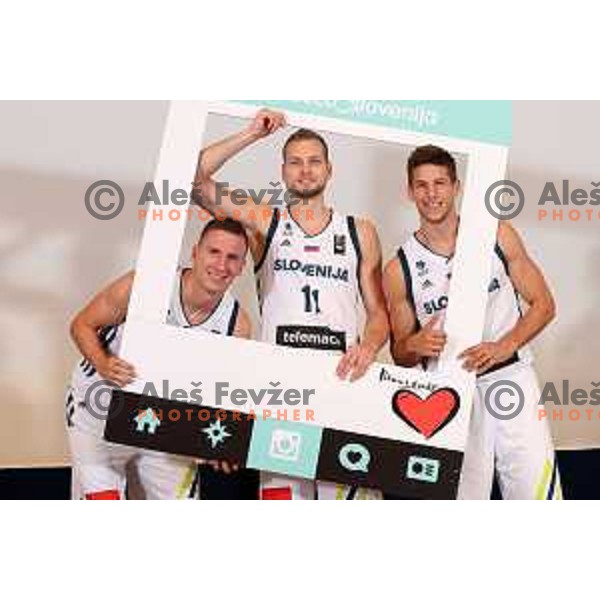 Gregor Hrovat, Jaka Blazic and Aleksej Nikolic of Slovenia basketball team at official photo shooting for Eurobasket 2017 in hotel Terme, Zrece on August 1, 2017
