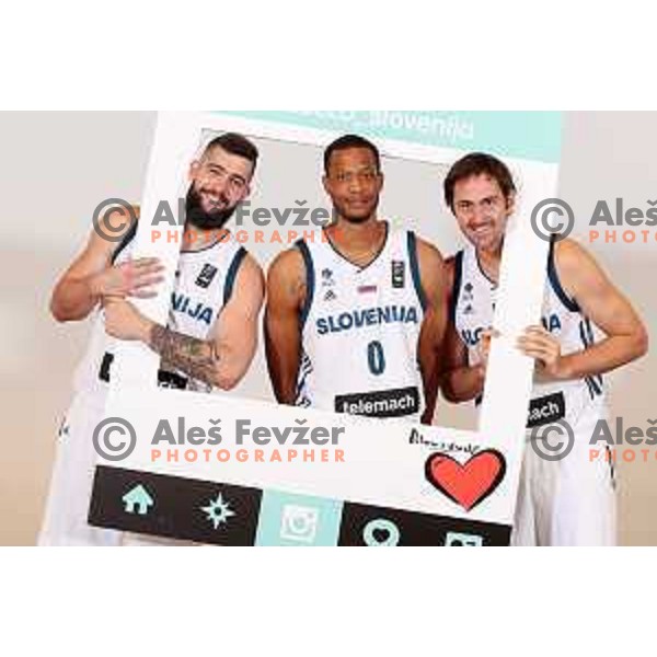 Ziga Dimec, Anthony Randolph and Erazem Lorbek of Slovenia basketball team at official photo shooting for Eurobasket 2017 in hotel Terme, Zrece on August 1, 2017