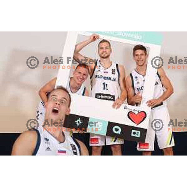 Gregor Hrovat, Jaka Blazic and Aleksej Nikolic of Slovenia basketball team at official photo shooting for Eurobasket 2017 in hotel Terme, Zrece on August 1, 2017