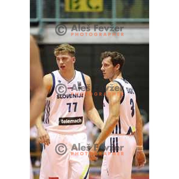 Luka Doncic and Goran Dragic of Slovenia in action during Adecco Cup basketball match between Slovenia and Hungary in Tabor Hall, Maribor, Slovenia on August 4, 2017