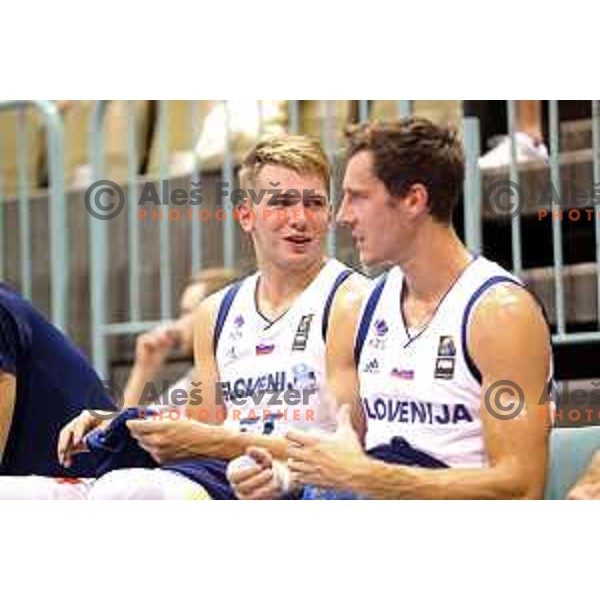 Luka Doncic and Goran Dragic of Slovenia in action during Adecco Cup basketball match between Slovenia and Hungary in Tabor Hall, Maribor, Slovenia on August 4, 2017