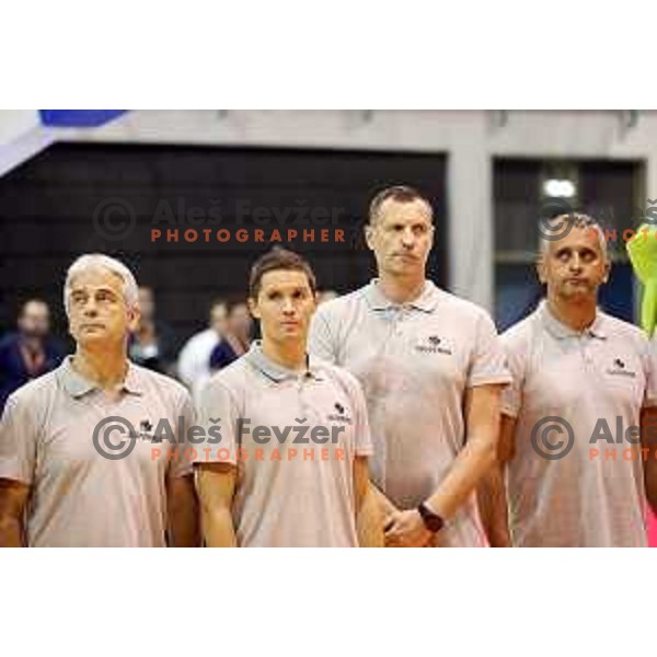 Jaka Lakovic, Rado Trifunovic and Igor Kokoskov, head coach of Slovenia in action during Adecco Cup basketball match between Slovenia and Hungary in Tabor Hall, Maribor, Slovenia on August 4, 2017