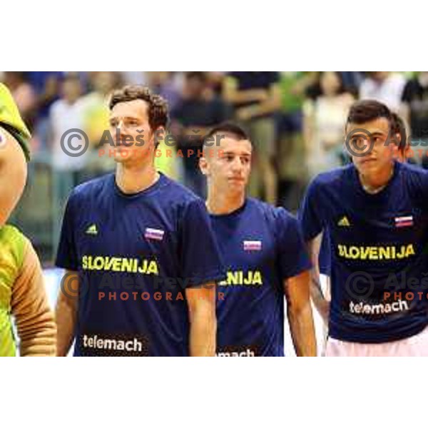 Goran Dragic, Matic Rebec and Zan Mark Sisko of Slovenia in action during Adecco Cup basketball match between Slovenia and Hungary in Tabor Hall, Maribor, Slovenia on August 4, 2017
