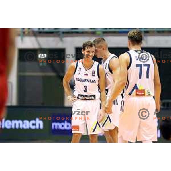 Goran Dragic, Edo Muric and Luka Doncic of Slovenia in action during Adecco Cup basketball match between Slovenia and Hungary in Tabor Hall, Maribor, Slovenia on August 4, 2017