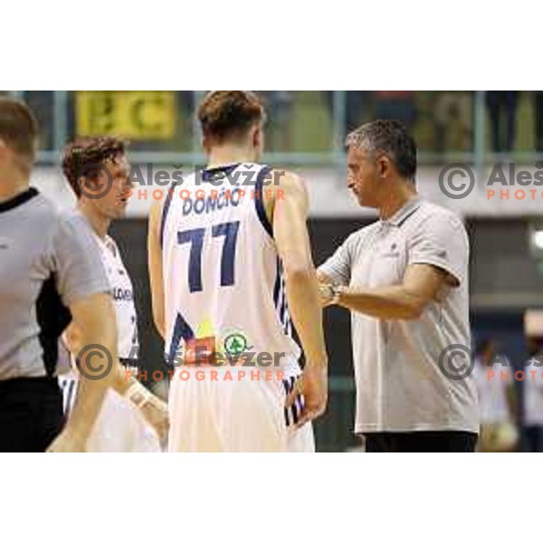 Goran Dragic and Luka Doncic listen to Igor Kokoskov, head coach of Slovenia in action during Adecco Cup basketball match between Slovenia and Hungary in Tabor Hall, Maribor, Slovenia on August 4, 2017
