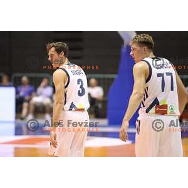 Luka Doncic and Goran Dragic of Slovenia in action during Adecco Cup basketball match between Slovenia and Hungary in Tabor Hall, Maribor, Slovenia on August 4, 2017
