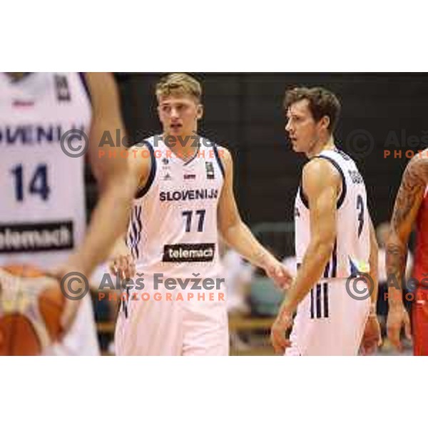 Luka Doncic and Goran Dragic of Slovenia in action during Adecco Cup basketball match between Slovenia and Hungary in Tabor Hall, Maribor, Slovenia on August 4, 2017