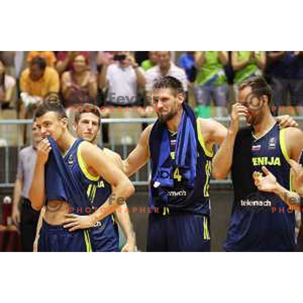 Zan Mark Sisko, Aleksej Nikolic, Gasper Vidmar and Sasa Zagorac of Slovenia during Adecco Cup basketball match between Slovenia and Czech Republic in Tabor Hall, Maribor, Slovenia on August 6, 2017